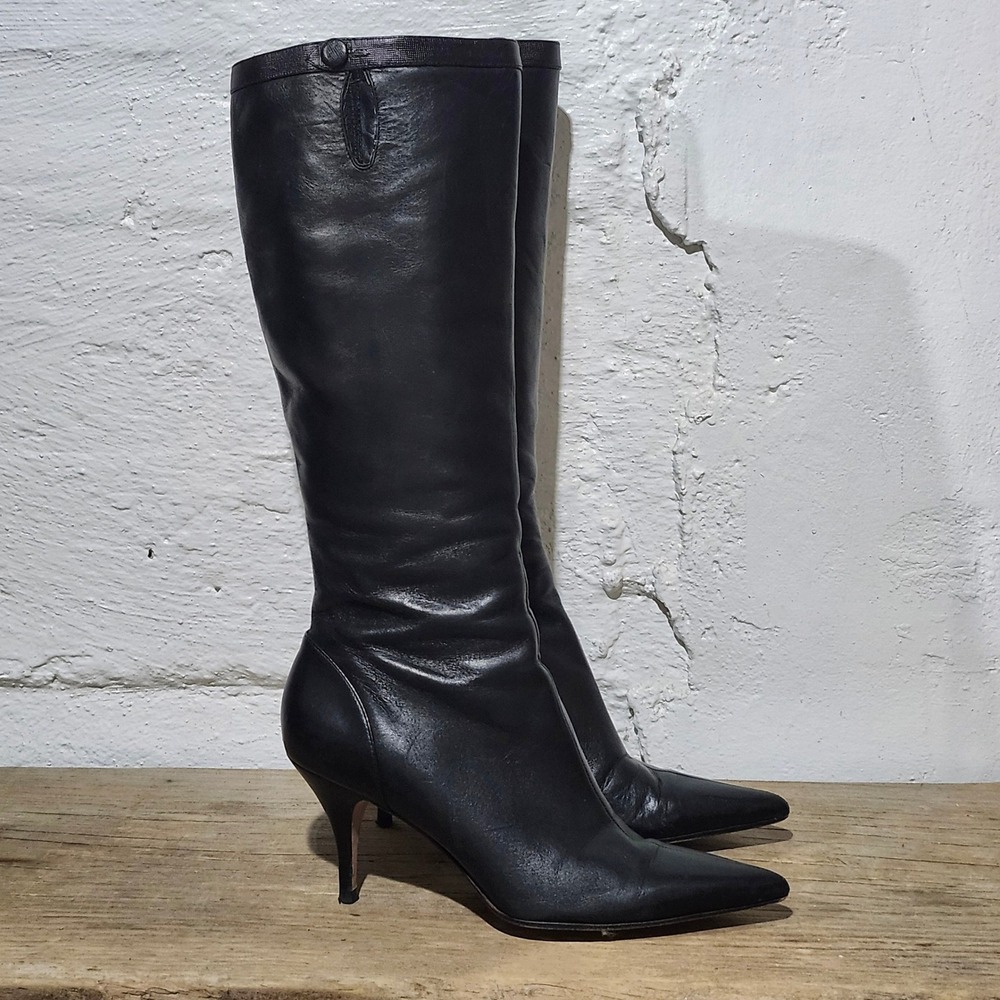 Ann Taylor Black Leather Pointed Toe Kitten Heel Knee High Boot Size 8.5M Brazil